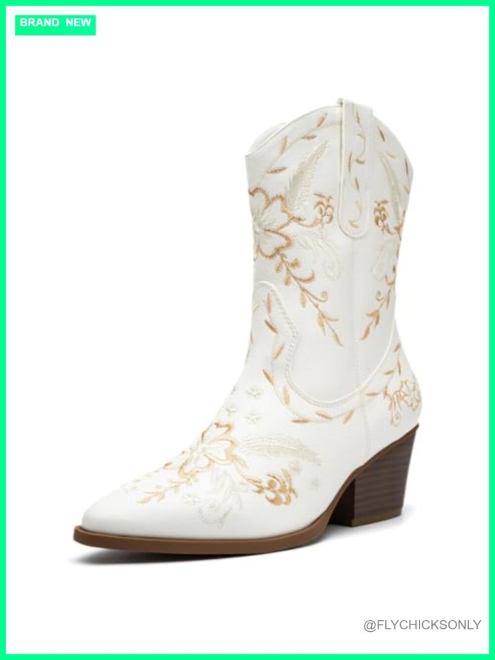 Wide Calf Cowboy Boots Western Gold Embroidery Pointed Toe Mid Calf